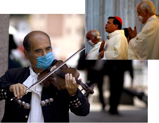 masked mariachi playing the violin in Mexico City; churches services being canceled, airports and bus stations being screened for people sickened by a new strain of swine flu