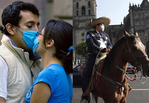 A couple attempts to kiss. Across Mexico more than 1,300 people were tested for suspected swine flu infection and 400 were taken to hospital for checks. Health officials believe that tens of thousands, and possibly more, have been infected but have since recovered.