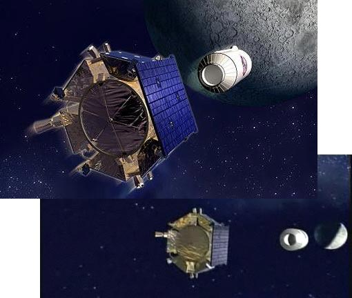 an artists's impression of the LCROSS rocket that NASA intentionally crashed into the Cabeus crater near the Moon's south pole
