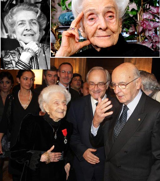 Medicine Nobel Prize Winner Rita Levi-Montalcini honoured with the Legion D'Honneur Medal receives compliments from the French Ambassador Jean-Marc De La Sabliere (C) and the Italian President Giorgio Napolitano (R) at the Villa Medici on December 5, 2008 in Rome, Italy.