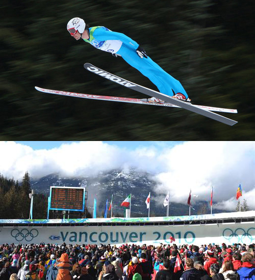 Top: US' Johnny Spillane wins silver medal in men's individual Nordic Combined. Bottom: Large crowd of spectators gather in final curve during Men’s luge competition at Vancouver 2010 Olympic Games.