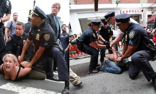 Left: woman arrested in Union Square; Right: police make mass arrests on East 12th Street and University Place.