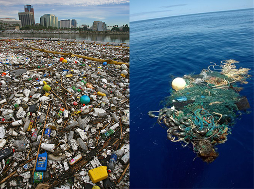 Left: Tons of garbage that swept down the Los Angeles River after a storm is corralled by a boom in Long Beach, Ca. Most plastic trash makes its way to the ocean and can be found washed up on beaches around the world. Right: Great Pacific Garbage Patch.