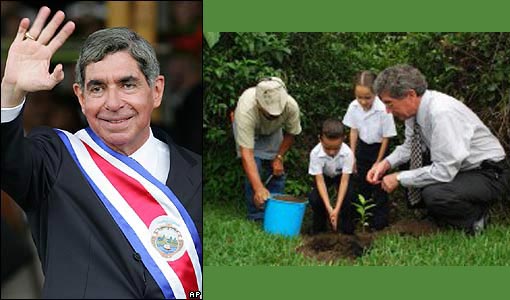Costa Rican President Oscar Arias shoveled dirt onto the roots of an oak tree planted in the grounds of his offices, reaching the milestone in the Central American nation's efforts to ward off what some experts say are the first signs of climate change.