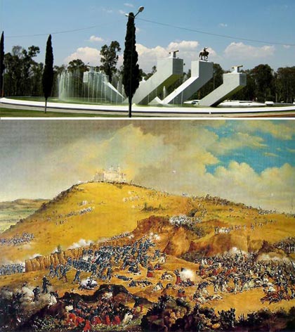 Top: Elaborate monument in Mexico in Puebla commemorating the heroes who defended Puebla on May 5th, 1862; Bottom: The Battle of Puebla, May 5, 1862 -- This period painting shows the beginning of the French attack on Puebla de los Angeles (Puebla), May 5, 1862.  The heights of the Cerro de Guadalupe, a ridge of high ground dominating the entrance to Pueblo, the fort of Loretto and the fortified monastery of Guadalupe rise in the background.