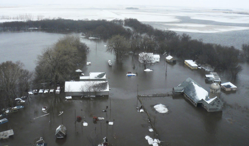 Red River flooded the Fargo area; photo taken from US Coast Guard rescue helicopter