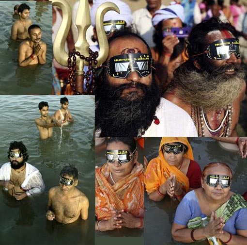Top right: Sadhu, or Hindu holy man, watches solar eclipse through specially-designed viewing glasses in Allahabad; Left: Hindu devotees take holy dips in the Sangam, confluence of Rivers Ganges, Yamuna and mythical Sarawati; Bottom right: Hindu devotees observe solar eclipse as they take holy dips in the Sangam