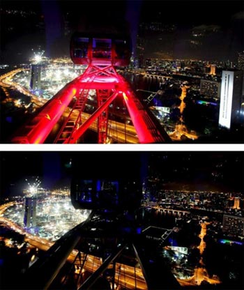 View from a capsule of a giant observation wheel, Singapore Flyer, before (top) and during the hour when lights are switched off for Earth Hour in Singapore 28 March 2009. Singapore is of one of the many countries in Asia that have joined the world in switching off its lights for 60 minutes with many businesses, buildings and hotels, including the iconic Singapore Flyer participating View from a capsule of a giant observation wheel, Singapore Flyer, before (top) and during the hour when lights are switched off for Earth Hour in Singapore 28 March 2009. Singapore is of one of the many countries in Asia that have joined the world in switching off its lights for 60 minutes with many businesses, buildings and hotels, including the iconic Singapore Flyer participating