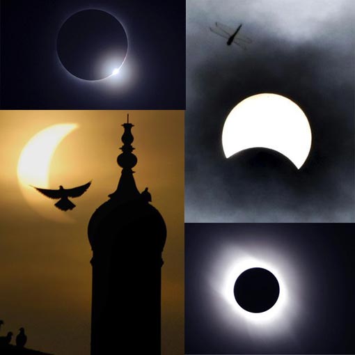 Top left: moon passes between sun & earth during solar eclipse as seen in Changsha, Hunan province, China; Bottom left: partial solar eclipse silhouettes birds surrounding minaret of shrine of Sufi Saint Bah-ud-din Zakria in Multan, Pakistan; Top right: dragonfly flies in sky during total solar eclipse in Seoul. South Korea; Bottom right: National Astronomical Observatory of Japan has seen what scientists say is the longest solar eclipse of the 21st century taken from the national observatory on Iojima island, Japan