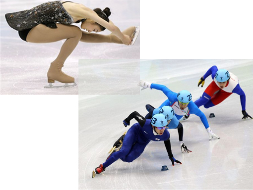 Top L: South Korea's Kim Yu-Na performs her short program during women's figure skating competition at Vancouver 2010 Olympics, winning the Gold Medal & broke record too. Bottom R: Jung-Su Lee of South Korea leads the pack in the Short Track Men's 1500 m Heat.