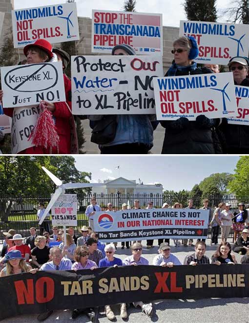 Protesters outside the White House in Washington against TransCanada's proposed oil pipeline from Canada to the U.S. Gulf Coast. The 1,700-mile Keystone XL pipeline would take oil extracted from tar sands in Alberta, Canada, and carry it through a pipeline cutting across Montana, South Dakota, Nebraska, Kansas, Oklahoma and Texas to refineries in Houston and Port Arthur, Texas.