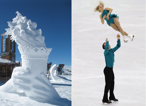 Left: Whistler ice sculpture of Olympic torch. Right: Anabellee Langlois & Cody Hay of Canada compete in figure skating program of Vancouver 2010 Winter Olympics.
