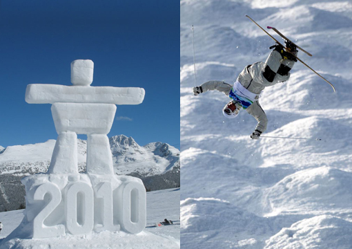 Left: Winter Olympics are being held in Vancouver, Canada from February 12 – 28, 2010. Right: Dale Begg-Smith of Australia performs an aerial on the qualification run during the Freestyle Skiing Men’s Moguls on day 3 of the 2010 Winter Olympics at Cypress Freestyle Skiing.