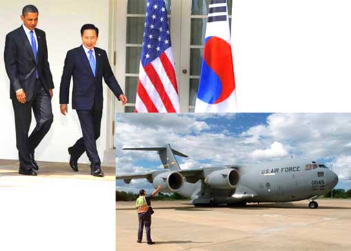 Top L: US President Barack Obama and South Korea's President Lee Myung-bak; Bottom R: U.S. Air Force C-17A Globemaster III