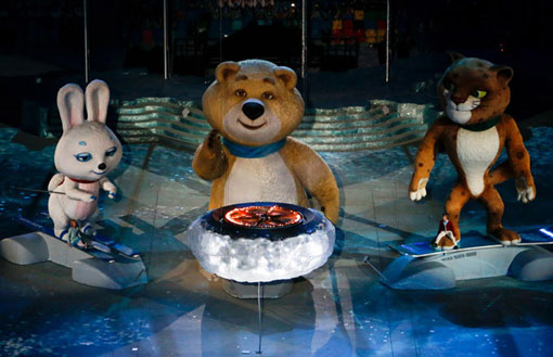 2014 Sochi Winter Olympic Mascots extinguish Olympic flame during the closing ceremony