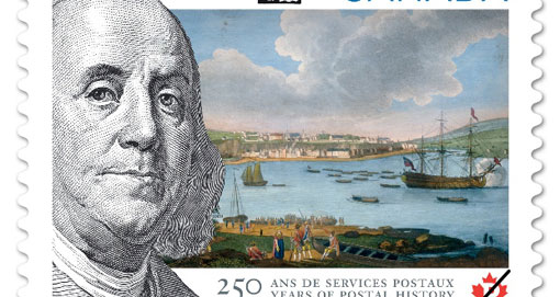 stamp marking the 250th anniversary of Canada Post featuring a portrait of Franklin