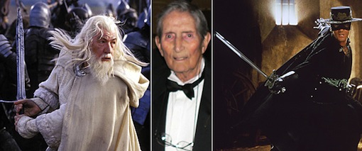 Bob Anderson, center, carved out a more-than-50-year career as a fencing trainer to the stars and a movie sword-fight choreographer. Left: Sir Ian McKellen as Gandalf in 'The Lord of the Rings: The Return of the King'; right: Antonio Banderas in 'The Mask of Zorro.'