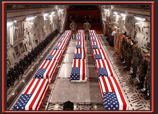 memorable images from the Iraq War: flag-draped coffins of fallen soldiers