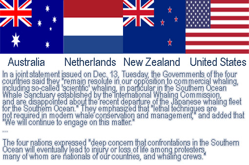 Australia, the Netherlands, New Zealand, and the United States have jointly condemned Japanese annual 'scientific' whaling