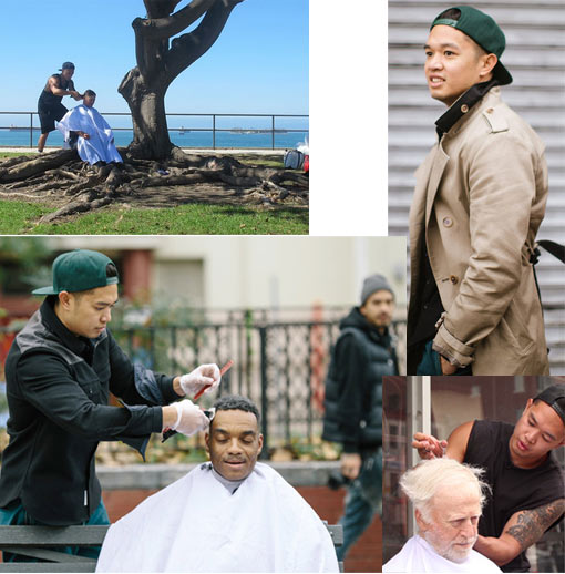 Mark Bustos works at a salon in Chelsea during the week. On Sundays, he gives homeless men haircuts