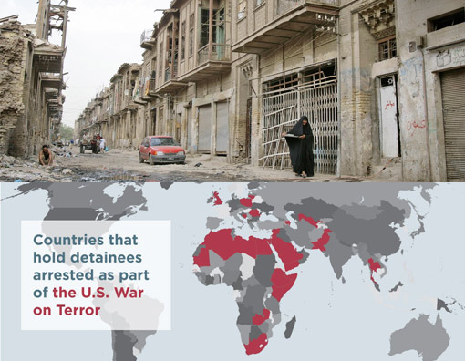 Top: elderly Iraqi woman carries dishes past old houses in central Baghdad; Bottom: countries that hold detainees arrested as part of US War on Terror