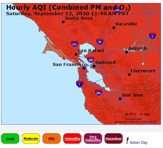 12 Sep 2020. Pacific Coast. San Francisco's air quality index (AQI): 186 (Atlantic Coast - Boston: 14). Unprecedented.