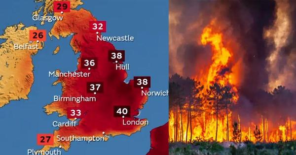 Earth runs a fever from pollution. Heatwave melts roofs and runways, cracks bridges and pipes, UK reaches highest temperature on record (104 degrees), blazes in France, Spain, Portugal